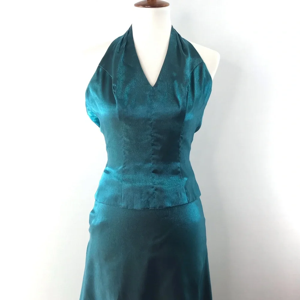 Eden Maids Teal Shimmer Two Piece Halter Maxi Dress Size 4